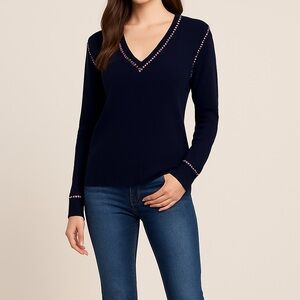 Johnny Was Navy Carter V-Neck Pullover Wool Cashmere Sweater